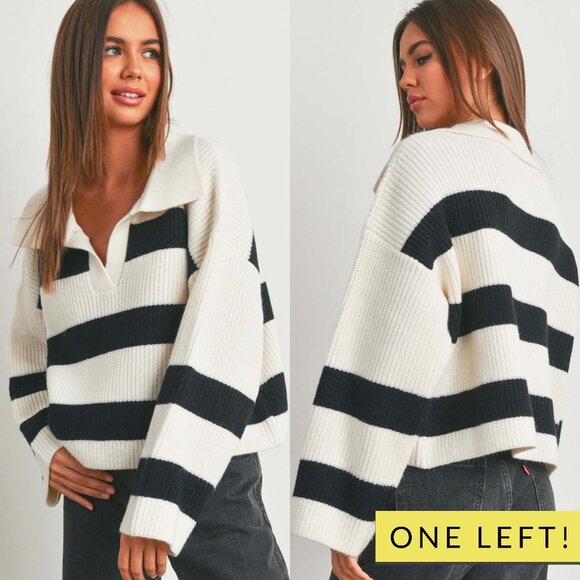 Trista Wide Striped V-Neck Sweater | Women's White and Black Fall Top | Trendy - Picture 1 of 7